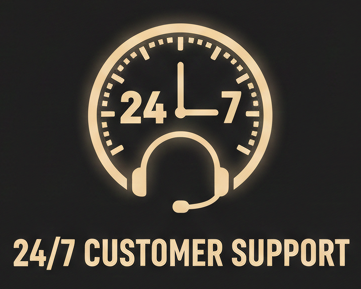 Black card with gold icons and text about delivery, exchange policy, and customer support on a white background.