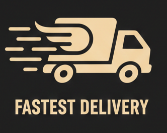 Black card with gold icons and text about delivery, exchange policy, and customer support on a white background.